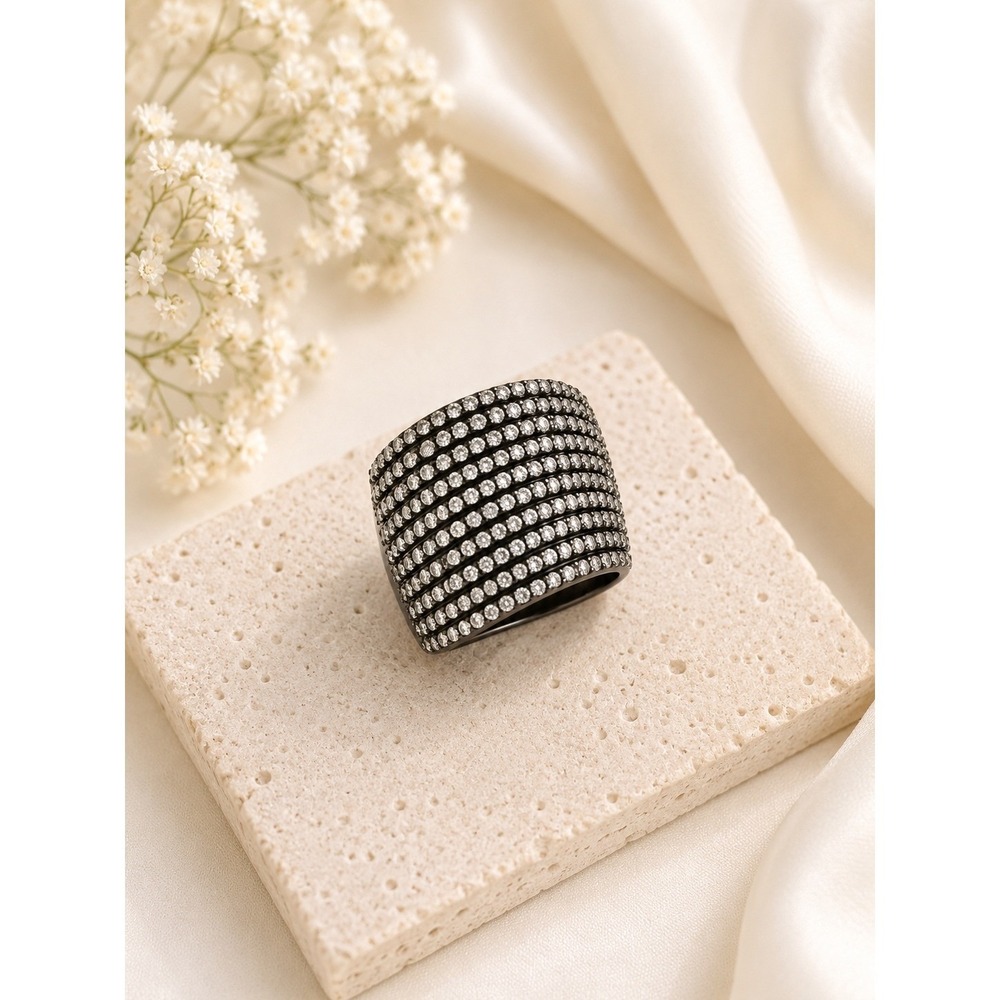 Multi Row Crystal Statement Ring Gunmetal Tone Wide Band Size 7